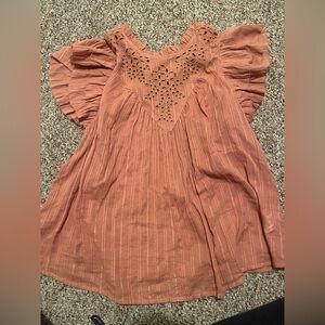 Women's Embroidered Ruffle Sleeve Top - Rust